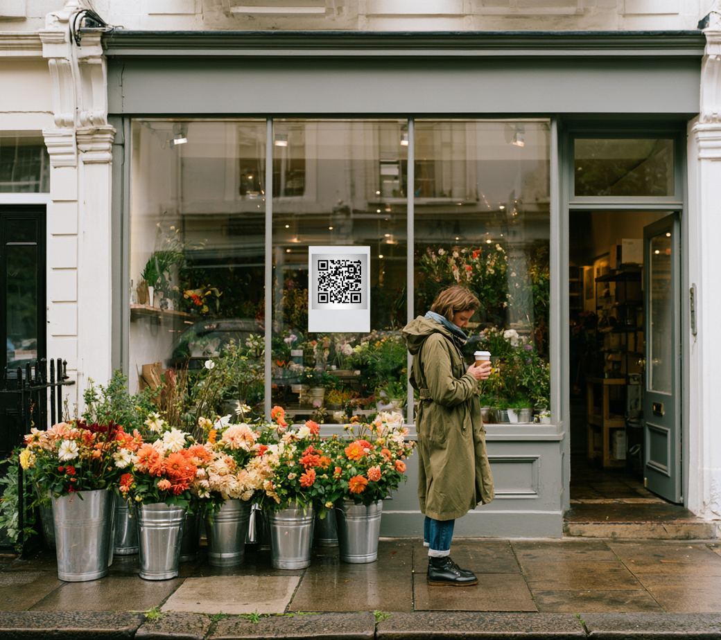 A small florist's shopfront on a Saturday morning, buckets of dahlias on the wet pavement and a window sticker at eye height carrying a qurl code.