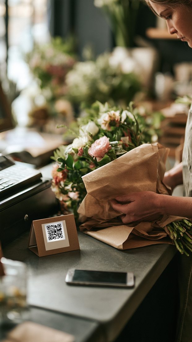 A florist's hands wrapping a bouquet in brown kraft paper at the counter, a small printed card by the till carrying a qurl code, a phone face-up beside it.