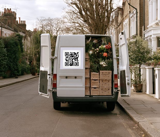 A small white florist's van parked on a residential street with its rear doors open, a printed panel on the inside of the door carrying a qurl code, flower crates stacked inside.