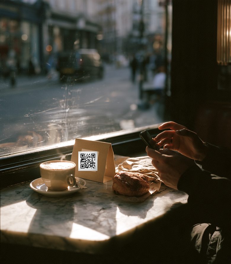 A cafe window seat in low morning sun: a flat white, a pastry, and a folded card on the table carrying a qurl code, with a hand lifting a phone towards it.