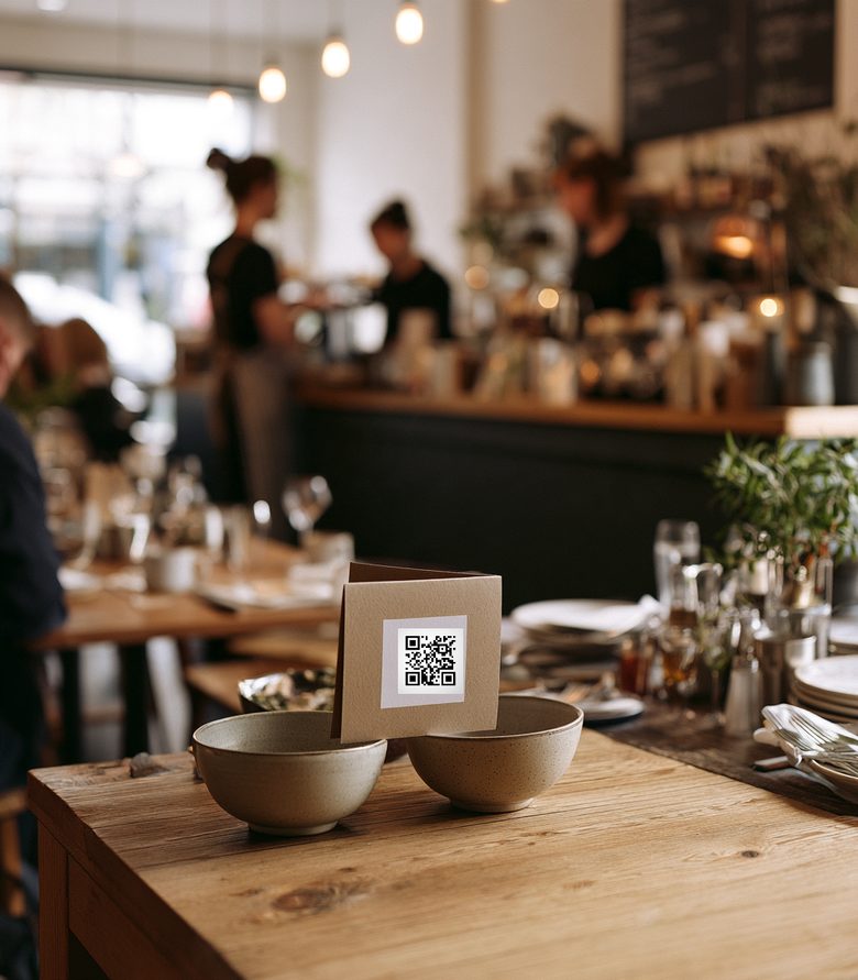 A cafe at lunch with every table full, a folded card carrying a qurl code sharp in the foreground between two bowls, the counter soft behind.