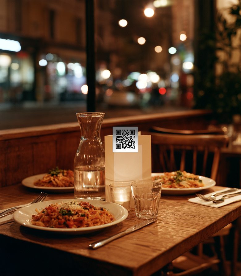 The same cafe table after dark under warm light, the folded card carrying a qurl code standing between a glass carafe and two plates of pasta.