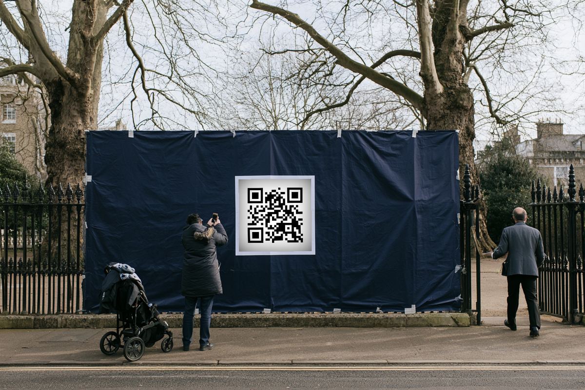 A navy banner cable-tied to school railings on an open-day morning, a qurl code printed on it, with a parent holding a phone up to it beside a pushchair.