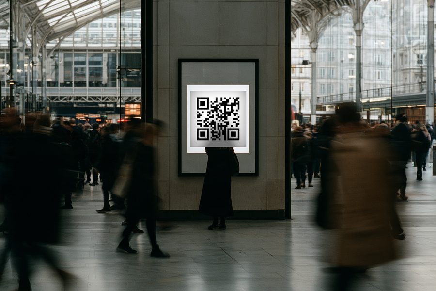 A poster in a slim frame at eye height inside a railway station, a qurl code printed on it, commuters passing in a blur while one person stands still with a phone raised.