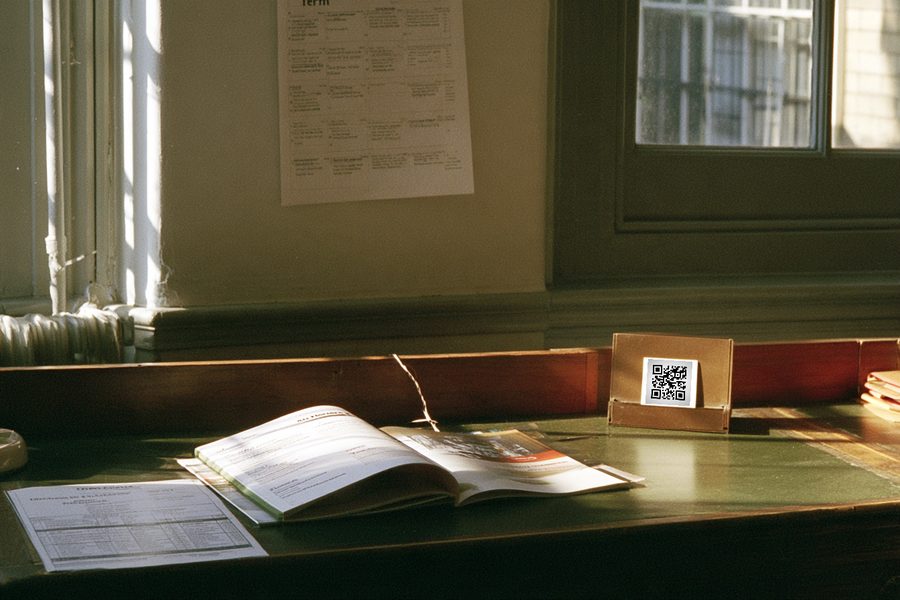 An admissions office desk in morning light: a prospectus open at its inside cover, a printed fee sheet, and a holder of business cards carrying a qurl code.
